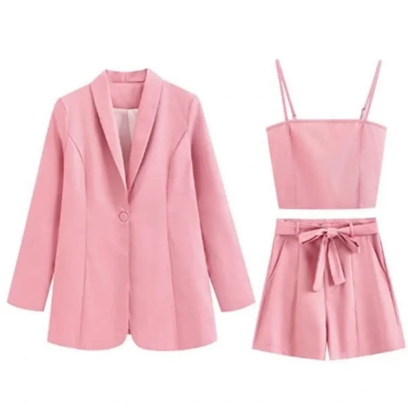 Sexy Bussiness Outfits 3 Piece Open Front Button Blazers + CropTops+Belted Short - Picture 4 of 5